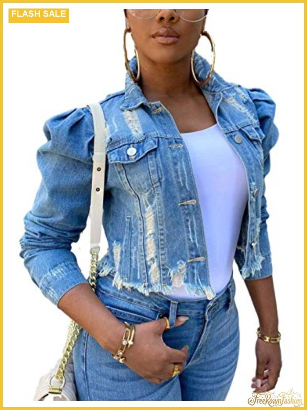 Women's Puff Sleeve Distressed Denim Crop Jean Jacket 100% Cotton
